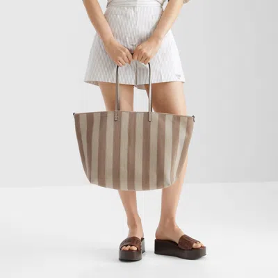 Fendi Women Reversible Pequin Ff Striped Fabric Shopper In Dove-grey