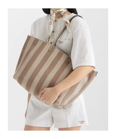 Fendi Women Reversible Pequin Ff Striped Fabric Shopper In Dove-grey