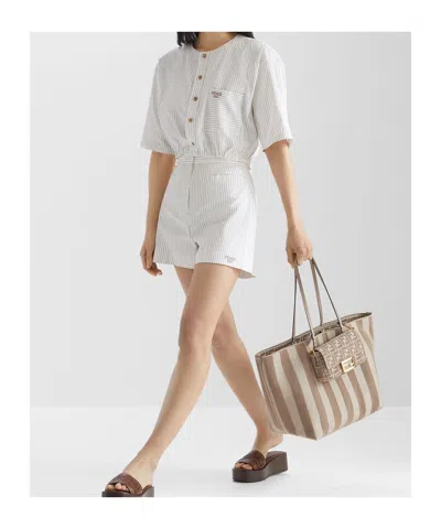 Fendi Women Reversible Pequin Ff Striped Fabric Shopper In Dove-grey