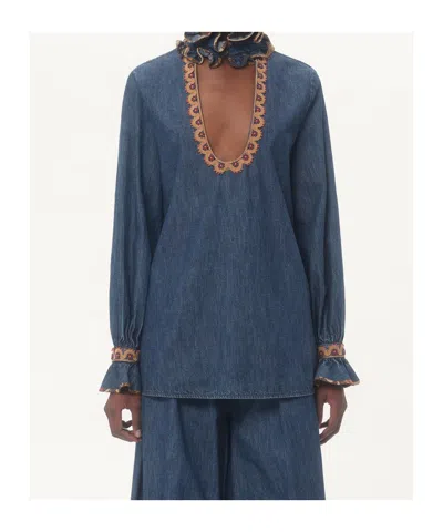 Valentino Denim Blouse With Embroidered Edges In Blue