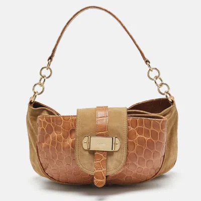 Pre-owned Furla Brown/tan Croc Embossed Leather And Suede Flap Hobo