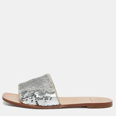 Pre-owned Tory Burch Silver Sequins Carter Flat Slides Size 38.5
