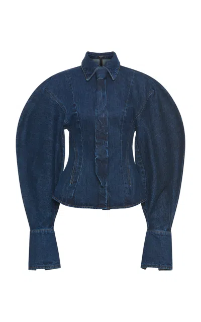 A.w.a.k.e. Puff-sleeve Denim Shirt In Medium Wash