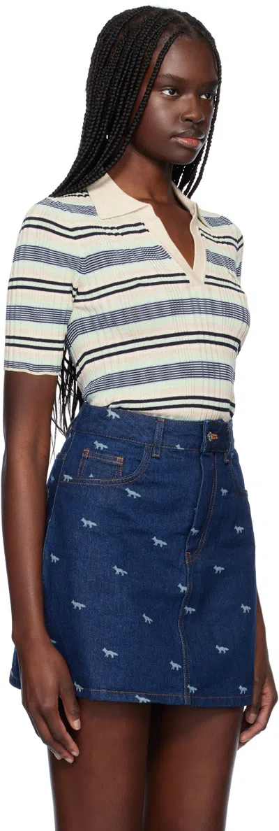 Maison Kitsuné Fine Rib Striped Polo In 0269 Mint Ice/smoke