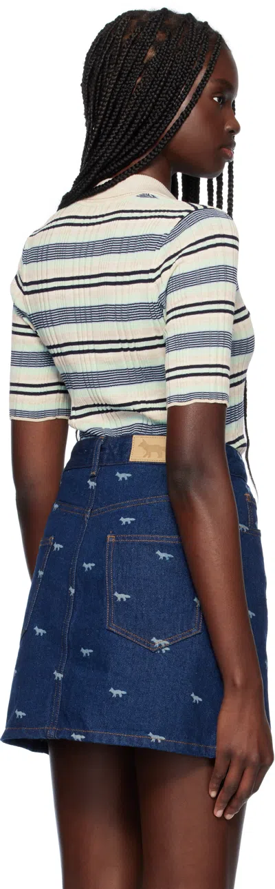 Maison Kitsuné Fine Rib Striped Polo In 0269 Mint Ice/smoke