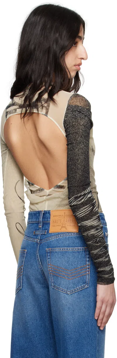 Jean Paul Gaultier Tattoo Print Cutout Double Layer Mesh Thong Bodysuit In 030030-ecru/black/re