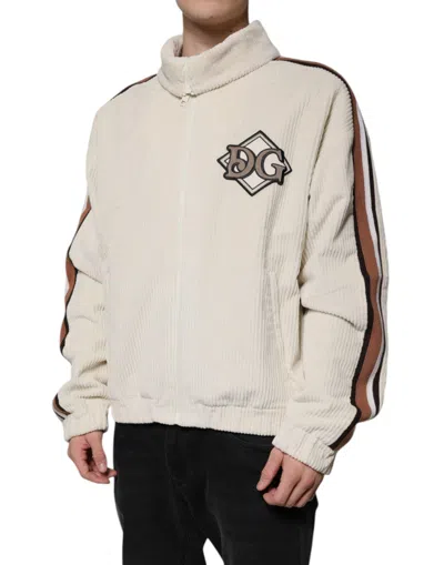Dolce & Gabbana Beige Logo Applique Cotton Corduroy Full Zip Men's Jacket In Beige