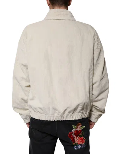 Dolce & Gabbana Beige Logo Applique Cotton Corduroy Full Zip Men's Jacket In Beige