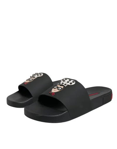 Dolce & Gabbana Black Leather Slides Sandals Beachwear Men's Shoes In Black