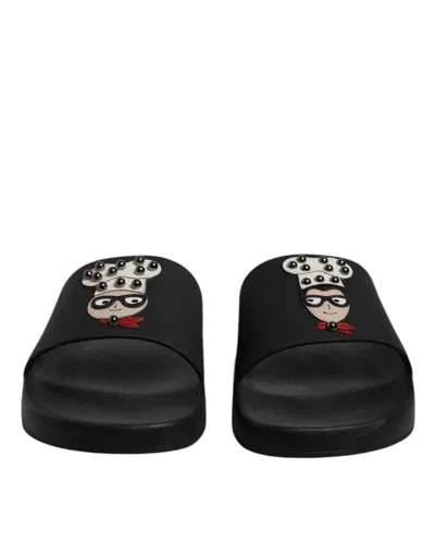 Dolce & Gabbana Black Leather Slides Sandals Beachwear Men's Shoes In Black