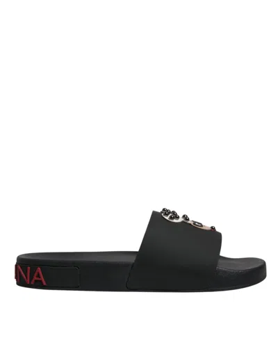 Dolce & Gabbana Black Leather Slides Sandals Beachwear Men's Shoes In Black