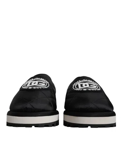 Dolce & Gabbana Black Nylon Quilted Logo Patch Sandals Slides Men's Shoes In Black