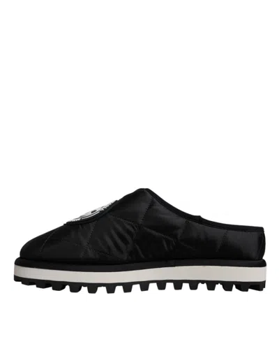 Dolce & Gabbana Black Nylon Quilted Logo Patch Sandals Slides Men's Shoes In Black