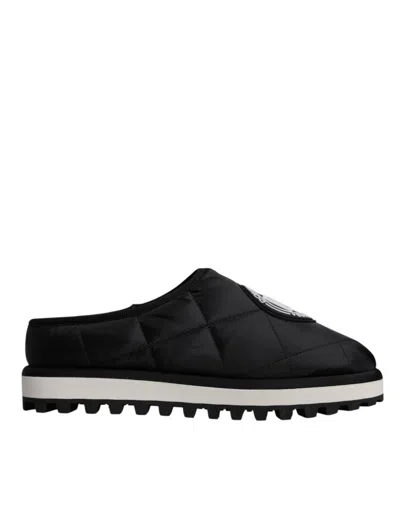 Dolce & Gabbana Black Nylon Quilted Logo Patch Sandals Slides Men's Shoes In Black