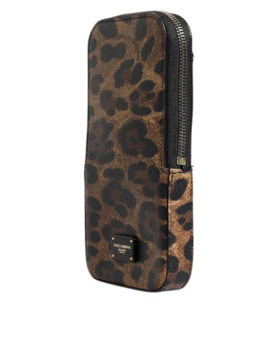 Dolce & Gabbana Leopard Print Dauphine Leather Zip Around Women's Wallet In Brown