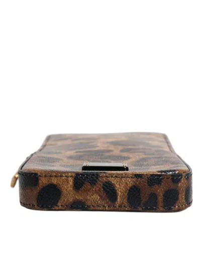 Dolce & Gabbana Leopard Print Dauphine Leather Zip Around Women's Wallet In Brown
