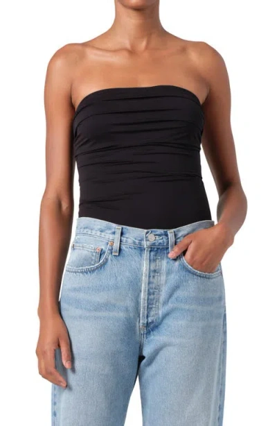 Agolde Gwyneth Strapless Ruched Stretch-jersey Bodysuit In Black
