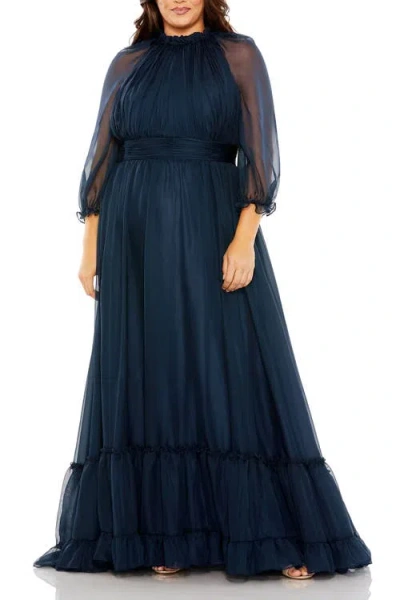 Mac Duggal Elegant Ruffled High Neck Gown With Sheer Sleeves And Pleated Cummerbund In Midnight