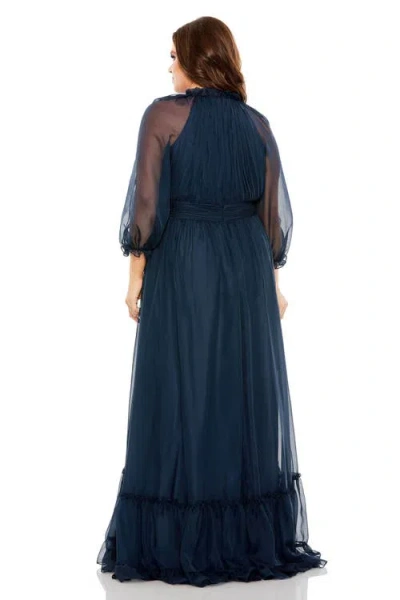 Mac Duggal Elegant Ruffled High Neck Gown With Sheer Sleeves And Pleated Cummerbund In Midnight