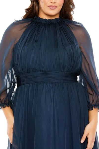 Mac Duggal Elegant Ruffled High Neck Gown With Sheer Sleeves And Pleated Cummerbund In Midnight