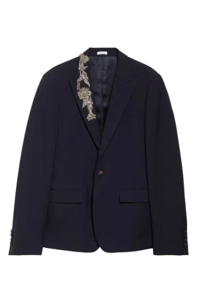 Alexander Mcqueen Mcqueen Crystal Embellished Peak Lapel Wool Sport Coat In Navy
