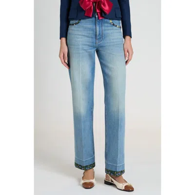 Valentino High Rise Viscose Straight Jeans In Medium Blue Denim