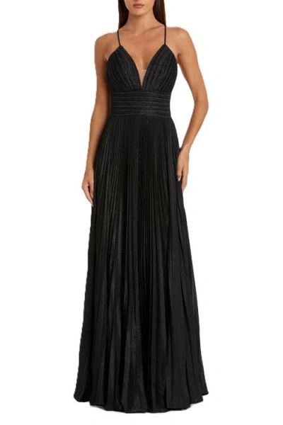 Mac Duggal Shimmer Pleated Plunge Neck Criss Cross Back Gown In Black