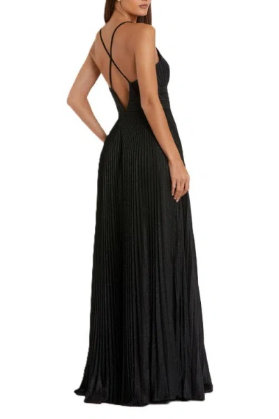 Mac Duggal Shimmer Pleated Plunge Neck Criss Cross Back Gown In Black