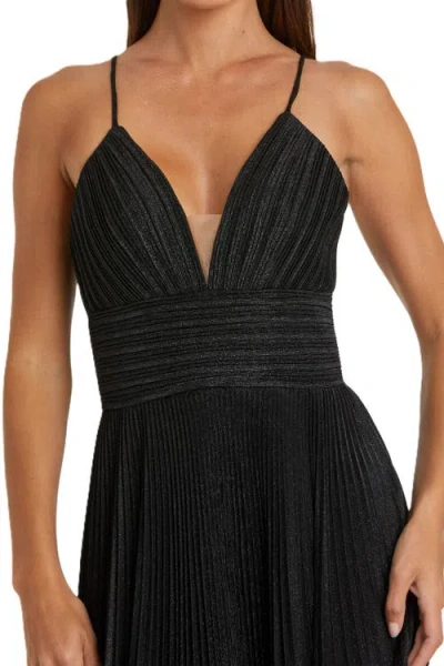 Mac Duggal Shimmer Pleated Plunge Neck Criss Cross Back Gown In Black