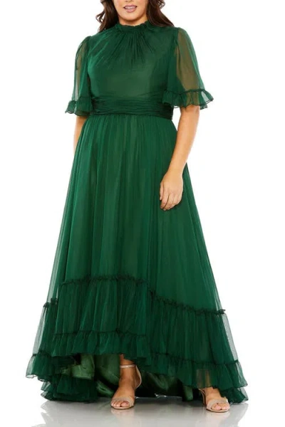 Mac Duggal High Neck Flutter Sleeve Ruffle Tiered High Low Plus Size Gown In Green