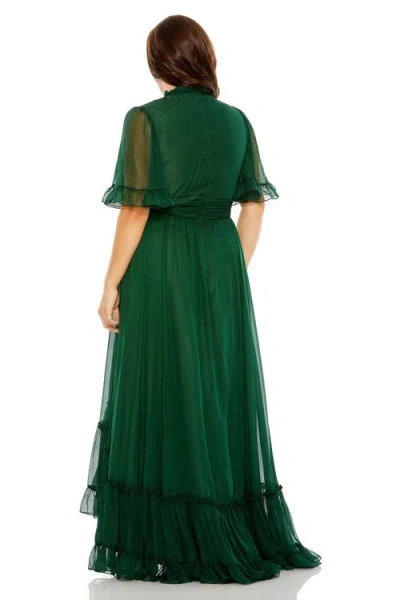 Mac Duggal High Neck Flutter Sleeve Ruffle Tiered High Low Plus Size Gown In Green
