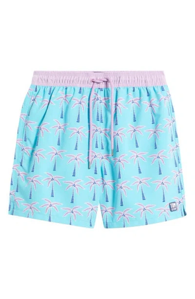 Tom & Teddy Palm Tree Print Swim Trunks In Aqua Violet