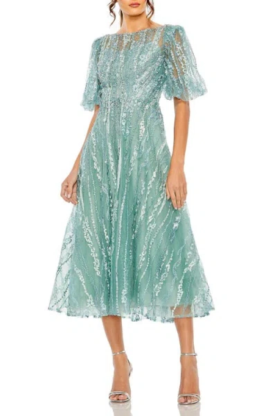Mac Duggal Embellished A-line Midi Dress With High Neck And Flutter Sleeves In Seafoam