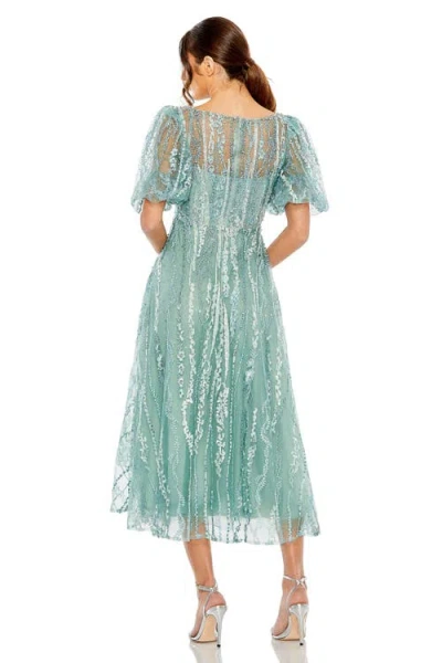 Mac Duggal Embellished A-line Midi Dress With High Neck And Flutter Sleeves In Seafoam