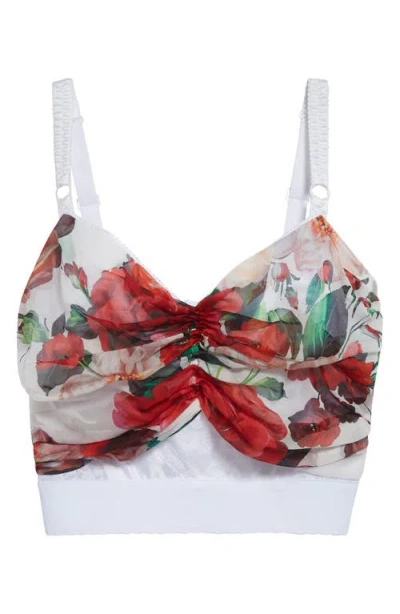 Dolce & Gabbana Bustier Top In Marquisette And Chiffon With Rose Print In White