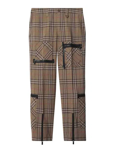 Burberry Cargo Pants Check Pattern In Silk Blend In Brown