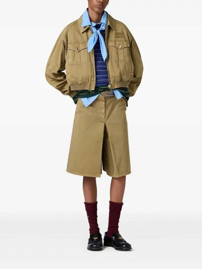 Miu Miu Logo Embroidered Mini Skirt In Oliva