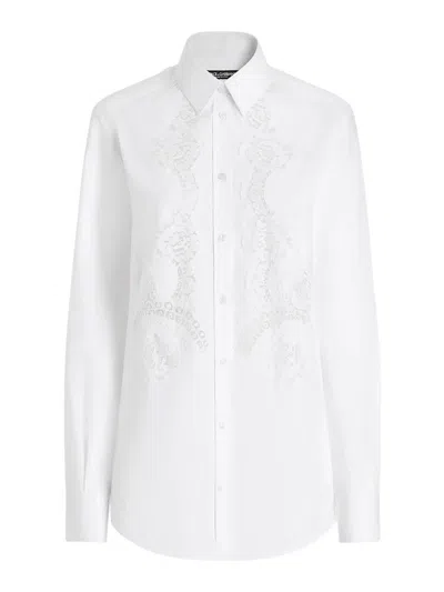 Dolce & Gabbana Long-sleeve Button-front Lace-inset Poplin Blouse In White