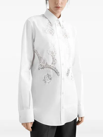 Dolce & Gabbana Long-sleeve Button-front Lace-inset Poplin Blouse In White