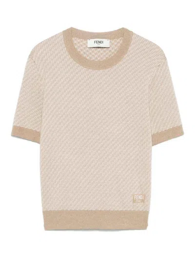 Fendi Wool Crew Neck Sweater With Textured Pattern In Neutral