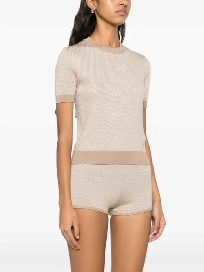 Fendi Wool Crew Neck Sweater With Textured Pattern In Neutral
