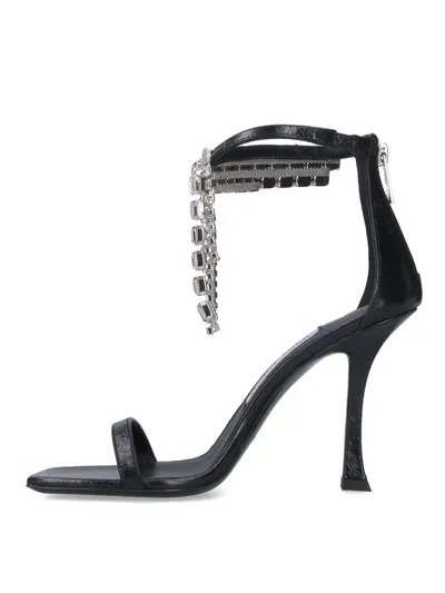 Jimmy Choo Black Vintage Leather Sandals With Crystals Detail