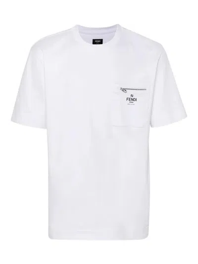 Fendi Men White Crewneck T-shirt With Log Print On The Front In Cotton Man