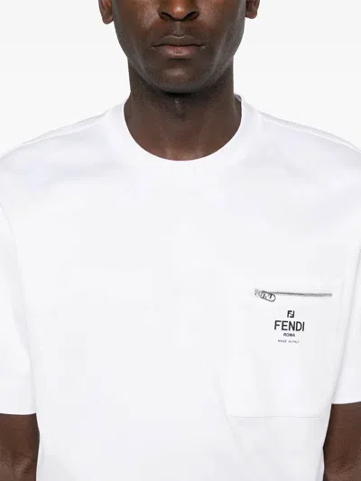 Fendi Men White Crewneck T-shirt With Log Print On The Front In Cotton Man