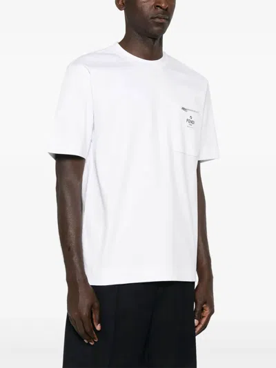 Fendi Men White Crewneck T-shirt With Log Print On The Front In Cotton Man