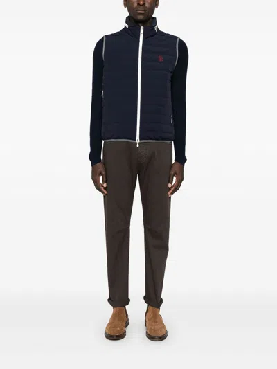 Brunello Cucinelli Sleeveless Nylon Down Jacket With Logo And Removable Hood In Navy