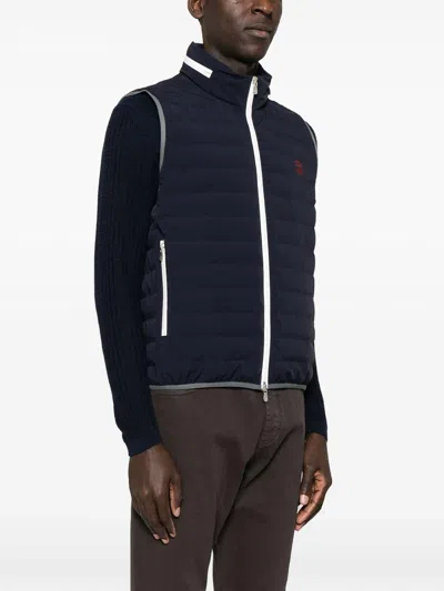 Brunello Cucinelli Sleeveless Nylon Down Jacket With Logo And Removable Hood In Navy