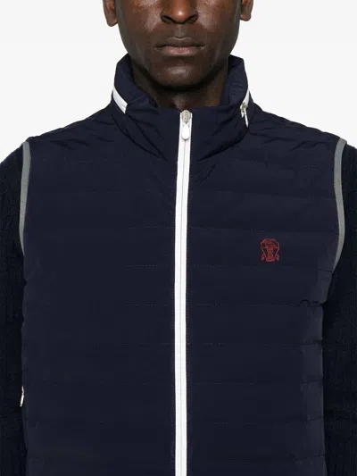 Brunello Cucinelli Sleeveless Nylon Down Jacket With Logo And Removable Hood In Navy