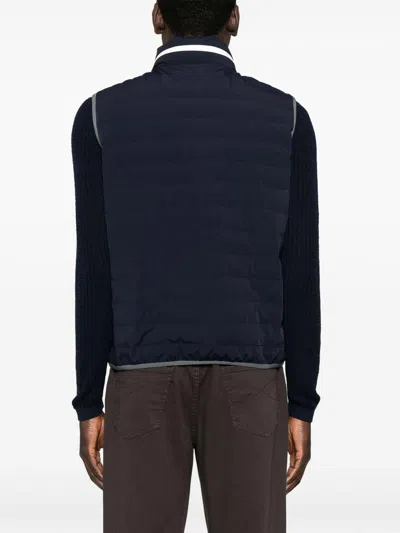 Brunello Cucinelli Sleeveless Nylon Down Jacket With Logo And Removable Hood In Navy