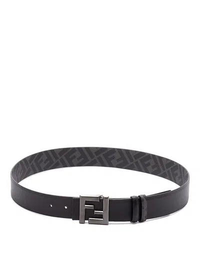 Fendi Men's Ff Squared Leather And Canvas Reversible Belt In Black
